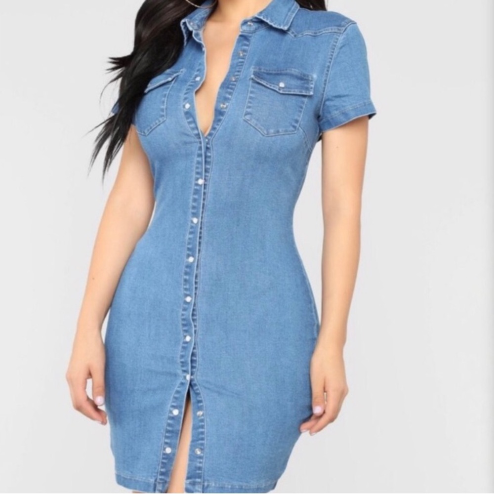 NWT Fashion Nova Denim Jean Button Down Dress Small Short Sleeve NEW with tag